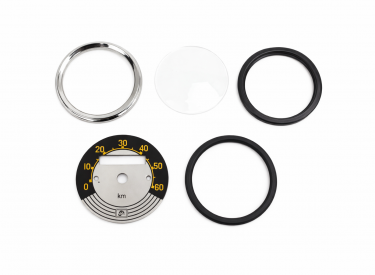 ZESTAW NAPRAWCZY LICZNIKA PRĘDKOŚCIOMIERZA RYŚ ŻAK KOMAR (FI 60) ŻÓŁTE CYFRY TYP2 (CYFERBLAT RAMKA SZKŁO USZCZELKA)