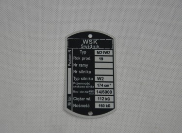 Tabliczka znamionowa WSK 175 M21W2 (W2)
